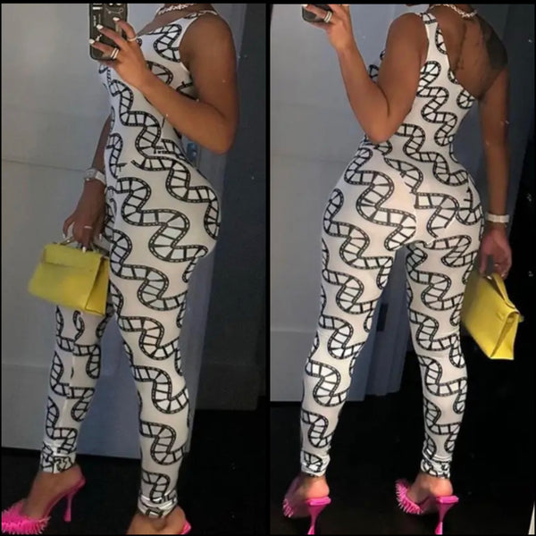 Women Sexy One Shoulder Sleeveless Printed Jumpsuit
