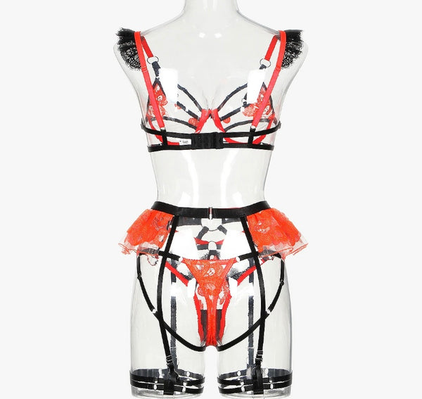 Women Sexy Black/Orange Color Patchwork Ruffled Lace Lingerie Set