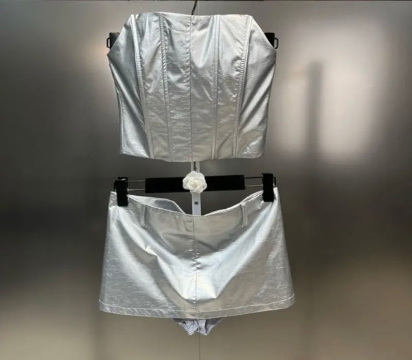 Women Sexy Silver Strapless PU Two Piece Skirt Set