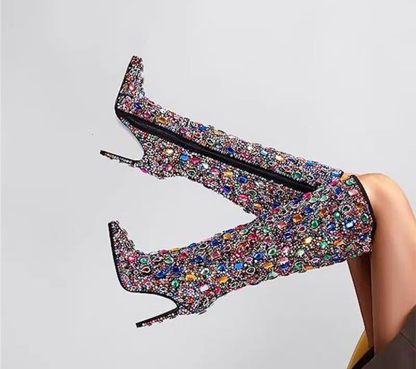 Women Pointed Toe Crystal Gem Knee High Boots