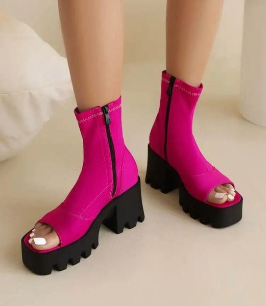 Women Open Toe Platform Fashion Side Zipper Ankle Boots