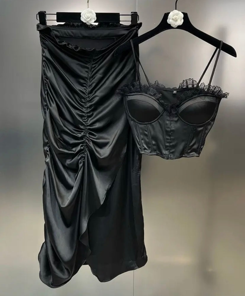 Women Sexy Sleeveless Satin Black Two Piece Maxi Skirt Set