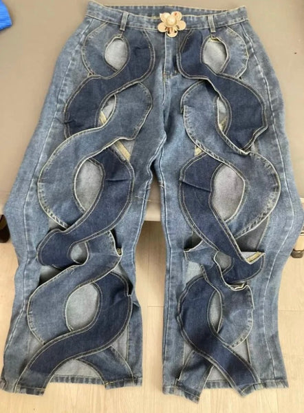 Women Hollow Out Fashion Loose Fit Denim Pants