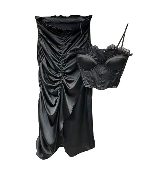 Women Sexy Sleeveless Satin Black Two Piece Maxi Skirt Set