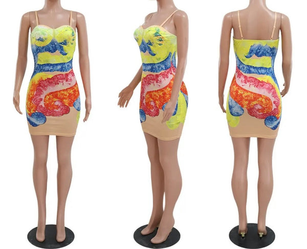 Women Sexy Sleeveless Colorful Print Bling Dress