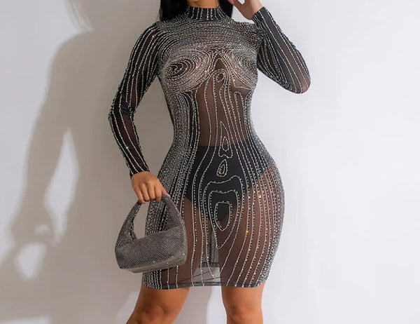 Women Sexy Full Sleeve Rhinestone Bling Mesh Dress