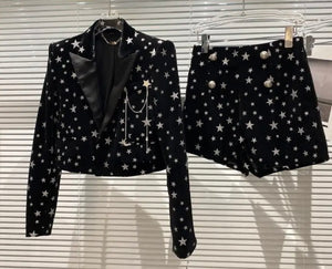 Women Fashion Full Sleeve Star Print Blazer Short Set