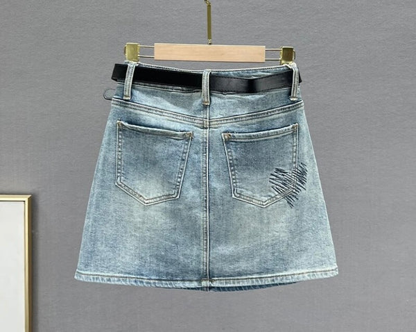 Women Heart Print Fashion Denim Skirt