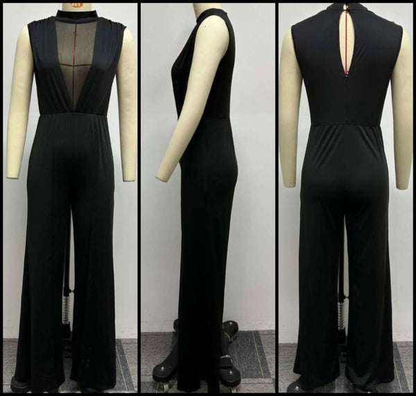 Women Black Sexy Sleeveless Mesh Patchwork Jumpsuit