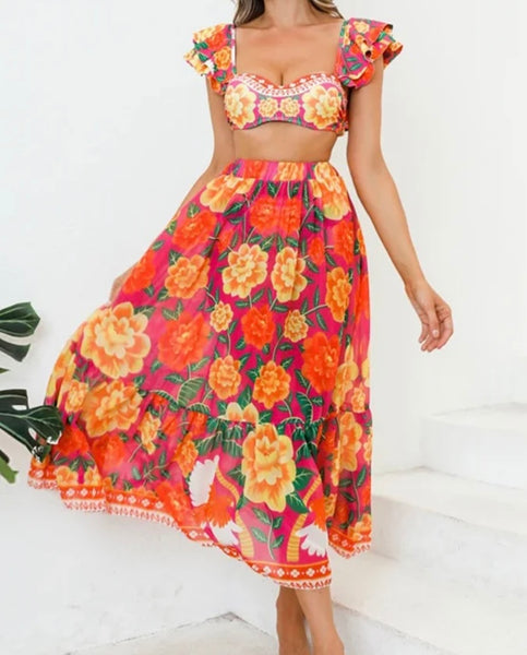 Women Ruffled Colorful Print Sexy Bikini/Swimsuit Cover Up Set