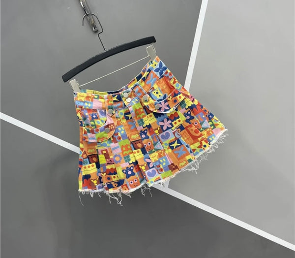 Women Fashion Cartoon Print Denim Skirt