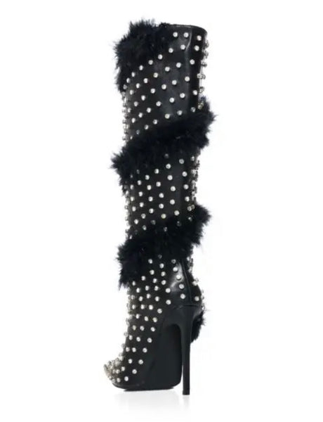 Women Bling Faux Fur Pointed Toe Knee High Boots