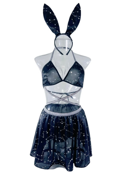 Women Sexy Black Bling Bunny Ears Lingerie Set