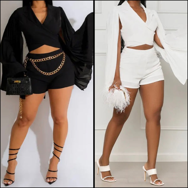 Women Sexy Full Flare Sleeve Crop Two Piece Short Set