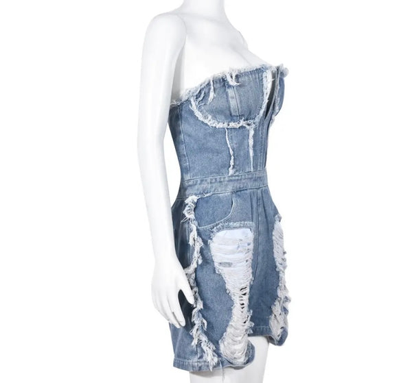 Women Sexy Strapless Ripped Denim Romper
