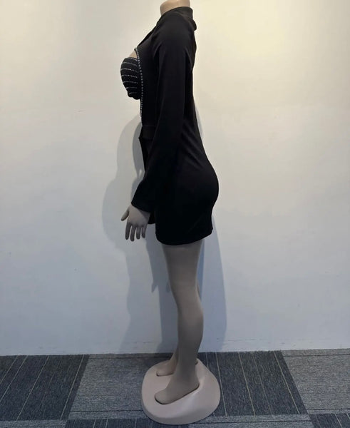 Women Full Sleeve Heart Cut Out Bling Blazer Sexy Dress
