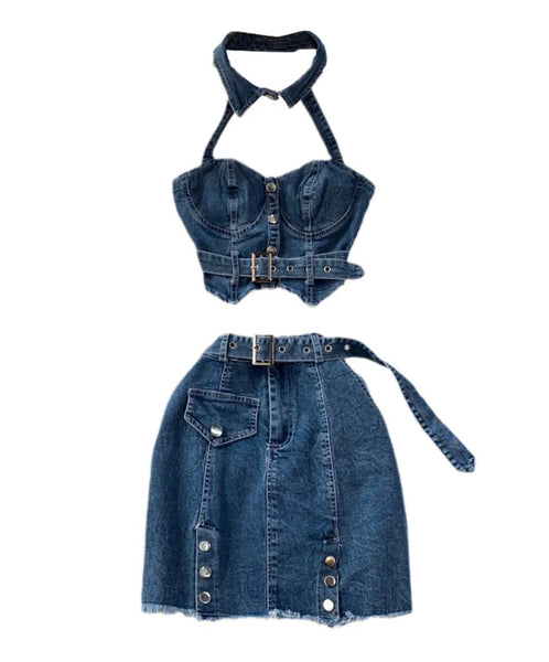 Women Halter Sleeveless Buckled Two Piece Denim Skirt Set