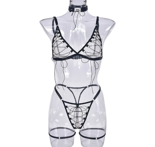 Women Sexy Lace Up Mesh Patchwork Lingerie Set