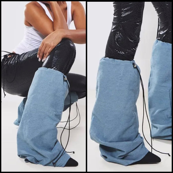 Women Fashion Denim Patchwork Drawstring Boots