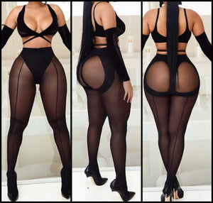 Women Black Sexy Sleeveless Feet In Two Piece Mesh Pant Set