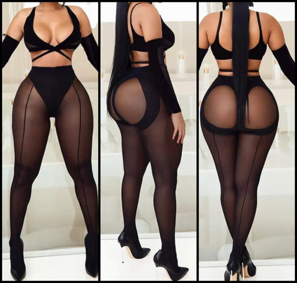 Women Black Sexy Sleeveless Feet In Two Piece Mesh Pant Set