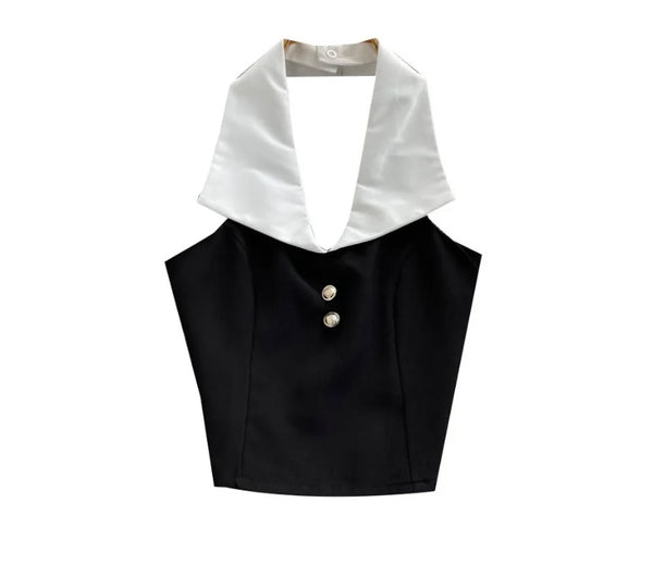 Women Fashion Collar B&W Halter Crop Top