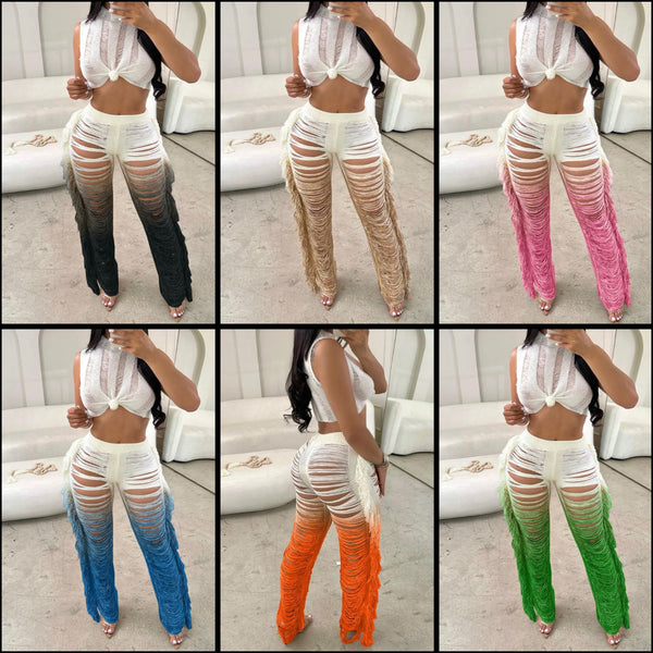 Women Ripped Sleeveless Sexy Gradient Two Piece Pant Set