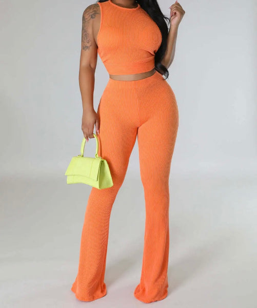 Women Ribbed Sleeveless Solid Color Sexy Two Piece Pant Set