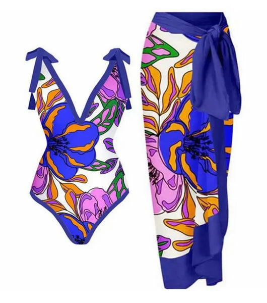 Women Multicolored Print Sexy Tie Up Swimsuit Cover Up Set