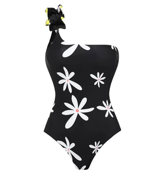 Women Sexy Black Floral Print One Shoulder Swimsuit Cover Up Set