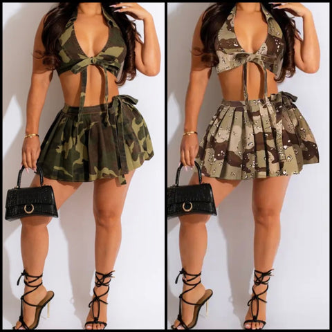 Women Halter Tie Up Crop Camouflage Two Piece Pleated Skirt Set