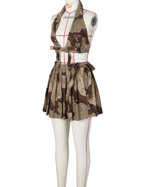 Women Halter Tie Up Crop Camouflage Two Piece Pleated Skirt Set