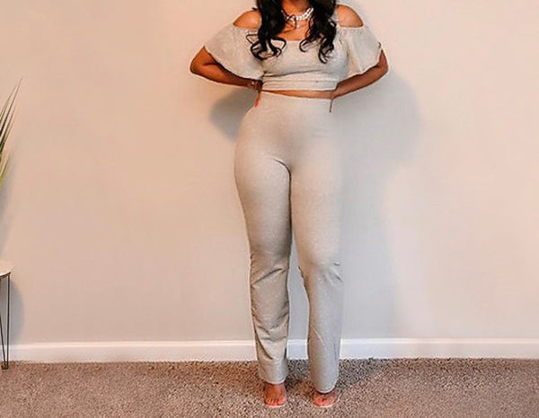 Women Solid Color Ruffled Short Sleeve Crop Two Piece Pant Set