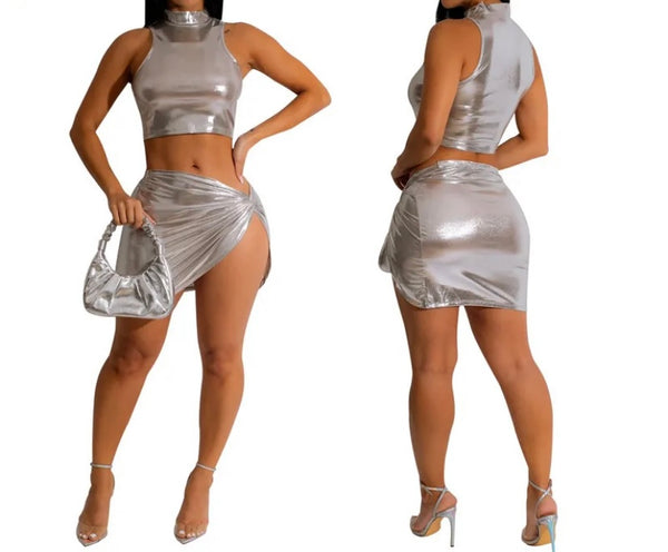 Women Silver Sexy Sleeveless PU Two Piece Skirt Set