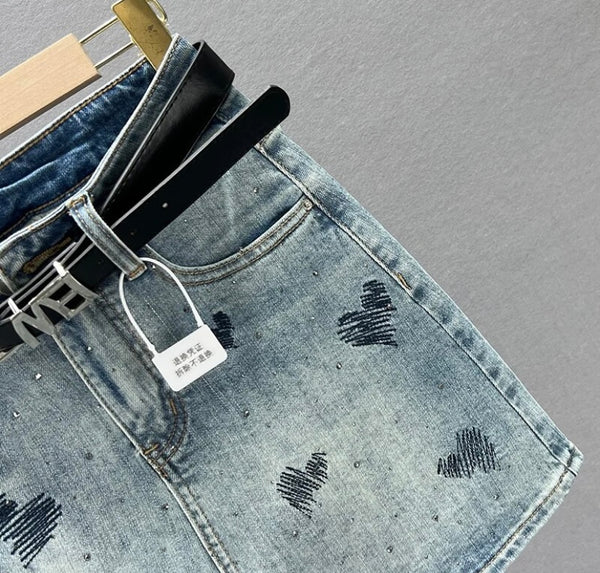 Women Heart Print Fashion Denim Skirt