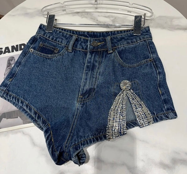 Women Fashion Rhinestone Patchwork Denim Mini Shorts