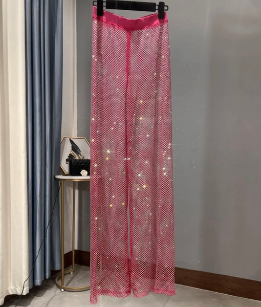 Women Fashion Rhinestone Mesh Pants