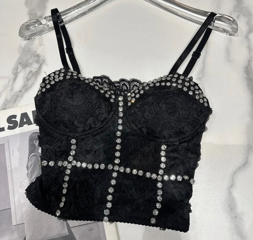 Women Sleeveless Rhinestone Lace Fashion Crop Top