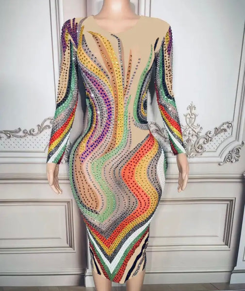 Women Sexy Full Sleeve Mesh Colorful Rhinestone Printed Dress