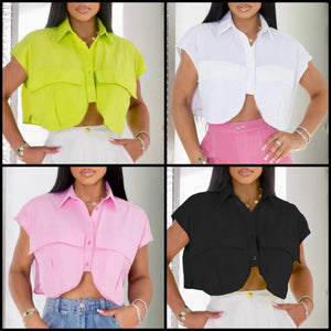 Women Solid Color Button Up Short Sleeve Fashion Crop Top