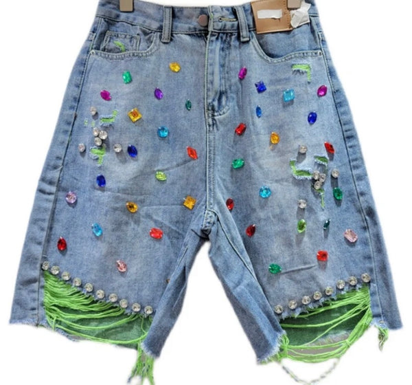 Women Color Ripped Rhinestone Gem Denim Shorts