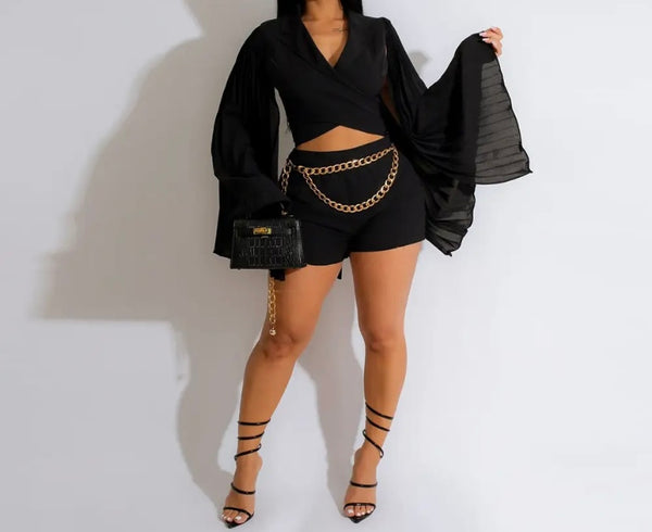 Women Sexy Full Flare Sleeve Crop Two Piece Short Set