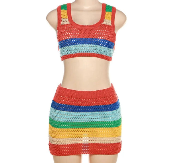 Women Sexy Sleeveless Colorful Striped Two Piece Knitted Skirt Set