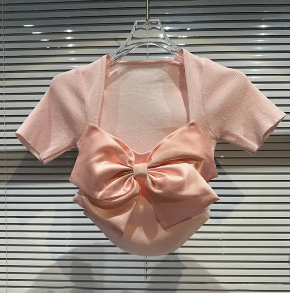 Women Bow Short Sleeve Fashion Crop Top