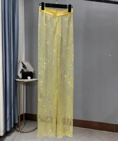 Women Fashion Rhinestone Mesh Pants