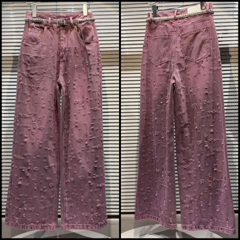 Women Fashion Ripped Pink Denim Pants