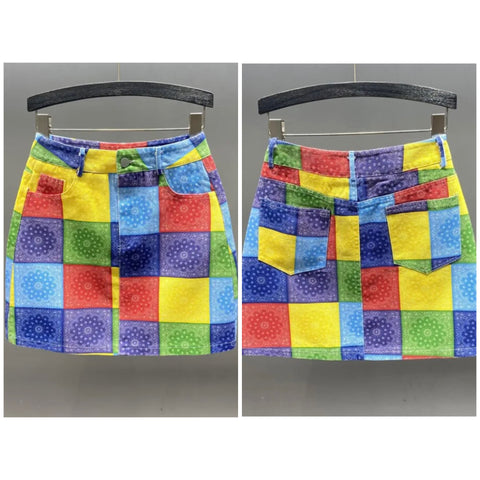 Women Colorful Print Fashion Denim Skirt