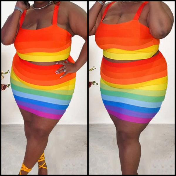 Women Sexy Sleeveless Rainbow Striped Two Piece Skirt Set