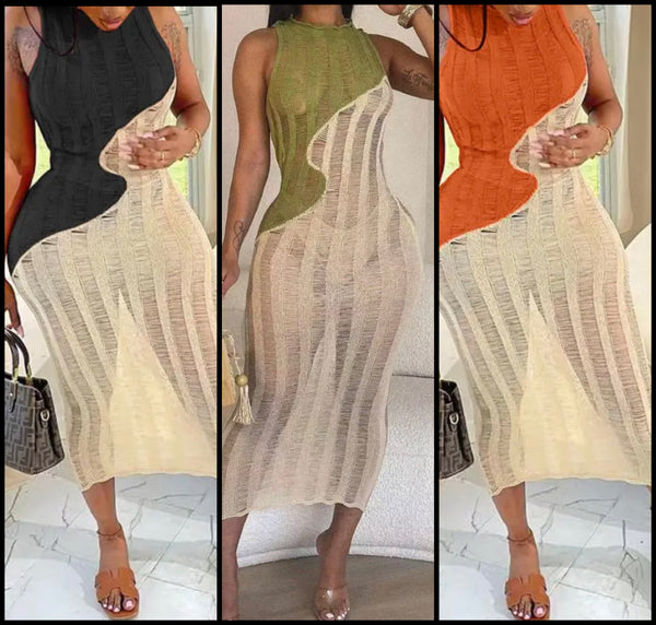 Women Sexy Sleeveless Ripped Color Patchwork Maxi Dress