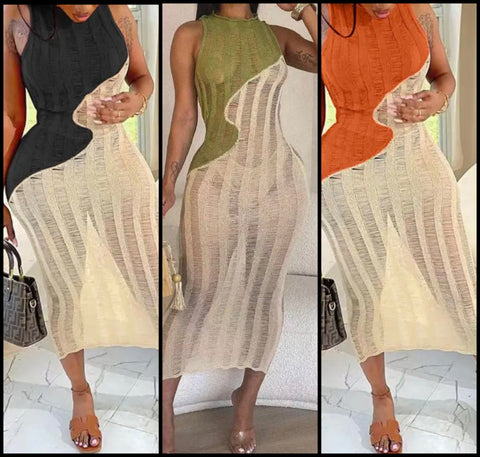 Women Sexy Sleeveless Ripped Color Patchwork Maxi Dress